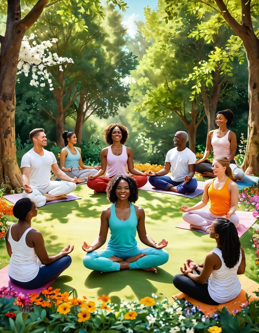 A diverse group of smiling individuals in a supportive community circle, engaged in wellness activities such as yoga and meditation, surrounded by blooming flowers and trees, symbolizing growth and healing. Incorporate uplifting colors and a soft, serene atmosphere that conveys hope and empowerment. Include subtle elements of nature like sunlight filtering through leaves to enhance the sense of tranquility. vibrant colors. super-realistic.