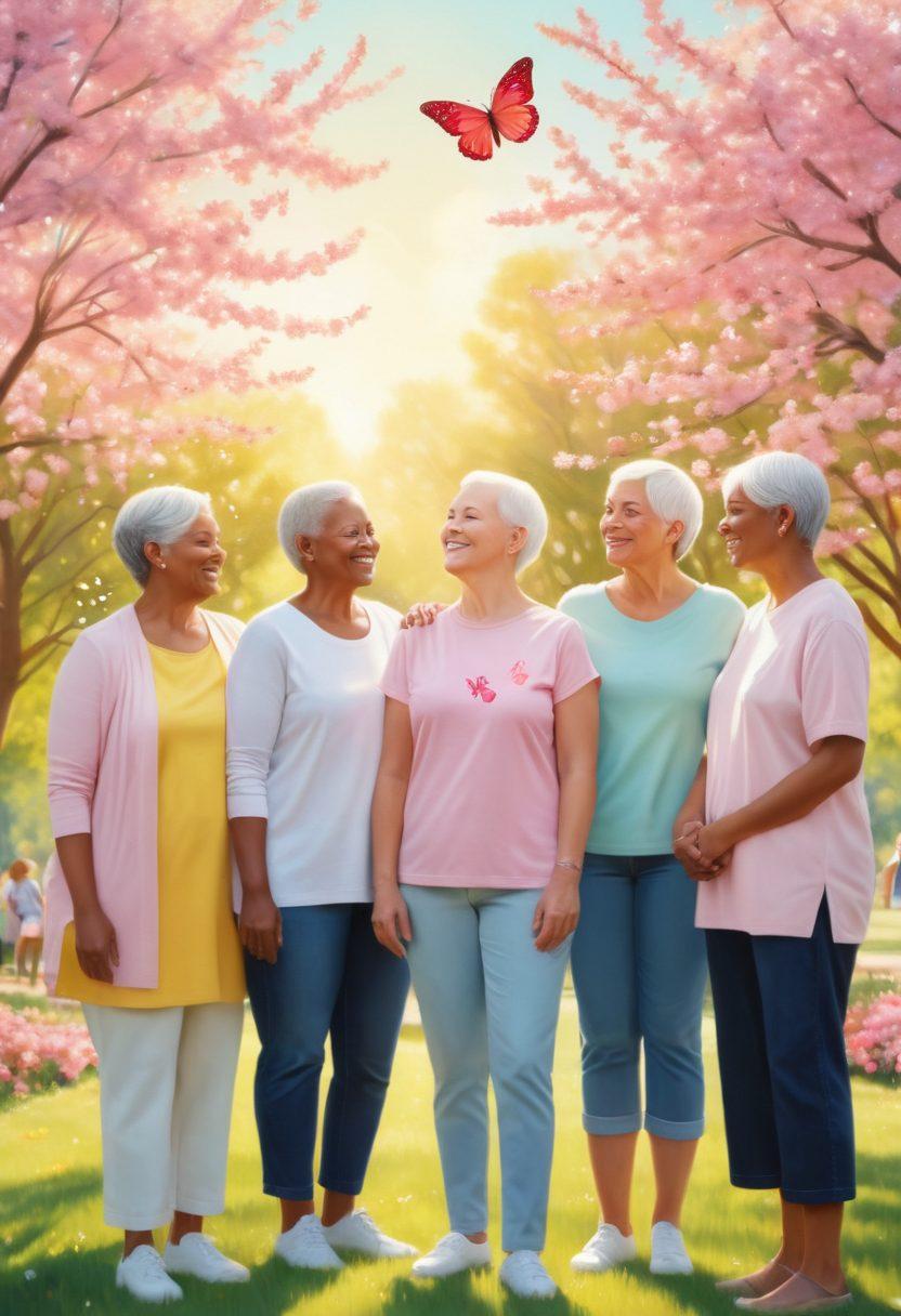 A serene scene depicting a diverse group of cancer survivors standing together in a sunlit park, sharing smiles and encouraging each other. Include subtle symbols of hope, like a butterfly and a blooming flower, in the background. The atmosphere should radiate warmth and empowerment, with soft pastel colors blending harmoniously. super-realistic. vibrant colors. soft focus.